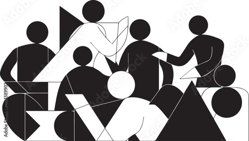 Abstract Diverse Group Meeting, Collaboration, Geometric Shapes, Minimalist Style