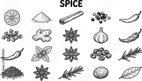 Spice and herb line icon set featuring aromatic ingredients, seasoning elements and culinary flavoring symbols in vintage style
