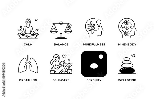 Set of mental health and mindfulness hand drawn doodle icons for wellness.