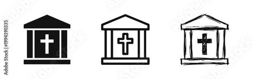 Funeral mausoleum or tomb icons with cross symbol in various styles