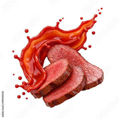 Juicy grilled beef with barbecue sauce for BBQ meal isolated on white