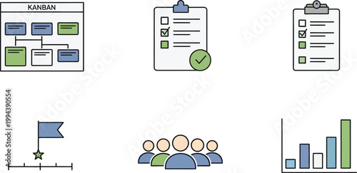 Kanban board icons represent organized workflow management for business.