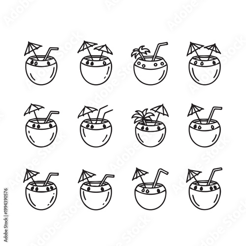 Tropical coconut drinks with umbrellas and straws arranged in a grid for summer refreshment concept