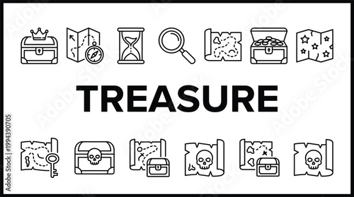 Treasure hunting and pirate adventure icon set featuring maps, chests, exploration tools and hidden wealth discovery symbols