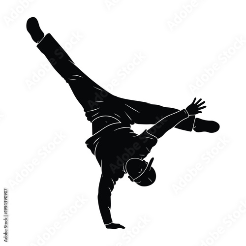 Male dancer performs one hand balance against a white background silhouette