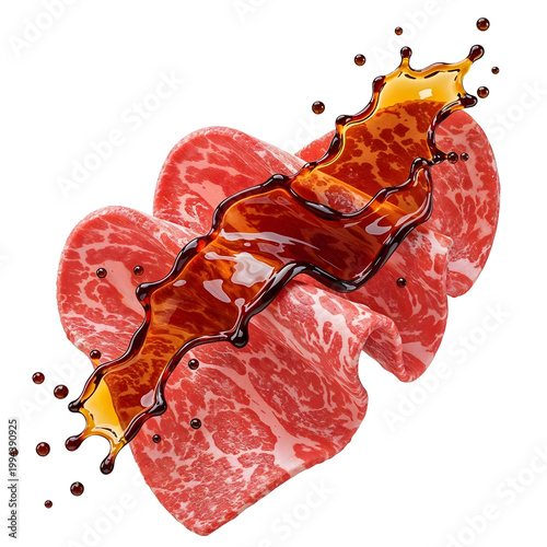 Raw beef slices with soy sauce for Asian cooking isolated on white