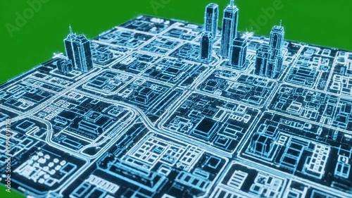 aerial view of modern cityscape with blue digital overlay and urban planning grid