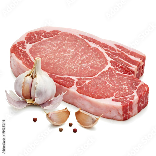 Fresh pork steak with garlic for cooking isolated on white