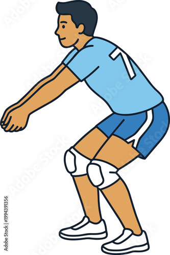 Volleyball player receiving ball illustration featuring athlete in defensive stance, sports action movement and team game concept