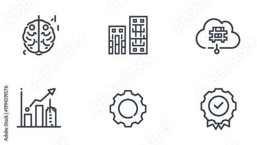 Six Icons of Growth and Innovation: A concise set of six line icons representing key concepts such as intelligence, infrastructure, technology, financial growth, engineering, and quality.