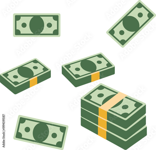 Money cash stacks set illustration, dollar bills bundles financial wealth vector design