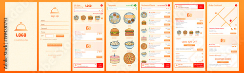 Complete mobile app interface design for food delivery service in bright orange theme. Includes sign up, home search, categories, restaurant menu with thali dosa burger pizza, cart and order tracking 