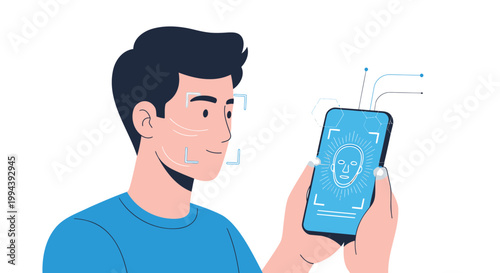 Facial recognition, biometric authentication, mobile security, smartphone technology, vector illustration