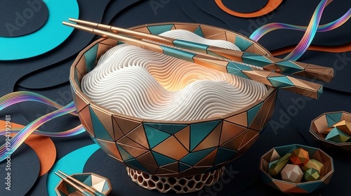 Geometric Bowl with Noodles and Chopsticks Bowl Noodles Chopsticks Geometric Food Art Colorful Design. Concept featuring bowl, noodles, chopsticks, geometric, food art for professional commercial d...