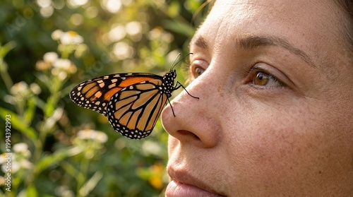 Woman with Butterfly on Nose Butterfly Woman Nature Close-Up Insect Outdoors Portrait. Concept featuring butterfly, woman, nature, close-up, insect for professional commercial design.