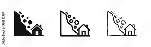 Landslide Natural Disaster Icon Showing Rocks Falling on a House Illustration Set