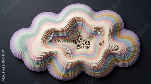 Colorful Layered Paper Art Cloud Design Paper Art Layered Design Cloud Shape Colorful Artwork Pastel Colors Abstract Art Craftsmanship. Concept featuring paper art, layered design, cloud shape, col...