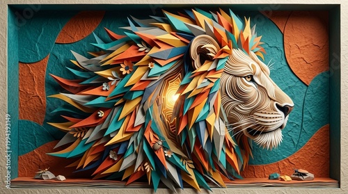 Colorful Paper Art Lion Head Lion Paper Art Colorful 3D Art Animal Decorative Craft. Concept featuring lion, paper art, colorful, 3d art, animal for professional commercial design.