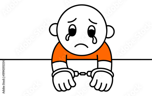sad cartoon prisoner with handcuffs sitting