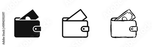Wallet with Cash Money Icon Representing Payments and Personal Finance Styles