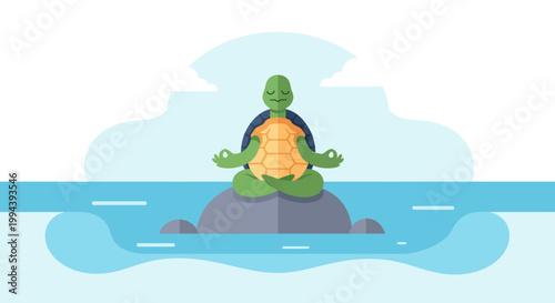 World Turtle Day illustration of a peaceful turtle meditating on a rock in the ocean