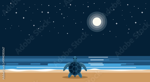 World Turtle Day A Lonely Sea Turtle Navigates the Ocean Under a Starry Night Sky with a Full Moon
