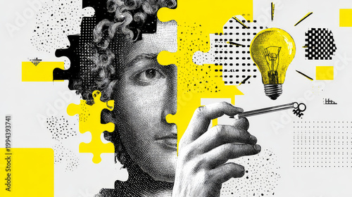 Trendy Halftone Collage Logic and critical thinking. Cognitive strategy for mind. Hand with puzzle, lightbulb, key and pencil. Idea of creativity. Contemporary vector illustration art