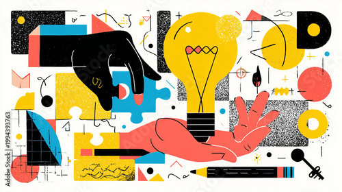 Trendy Halftone Collage Logic and critical thinking. Cognitive strategy for mind. Hand with puzzle, lightbulb, key and pencil. Idea of creativity. Contemporary vector illustration art