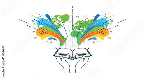 Colorful illustration for International Book Day features diverse children joyfully reading while flying on open books through the sky, depicted with rainbow arches and fluffy clouds