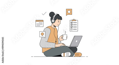 Remote worker, freelancer, or business owner, woman with laptop and coffee, productive workspace, modern vector illustration