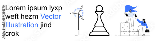 Renewable energy, teamwork, leadership, strategy, competition, cooperation. Visuals include wind turbine, chess pawn and climbing workers supporting each other. Renewable energy and teamwork concept