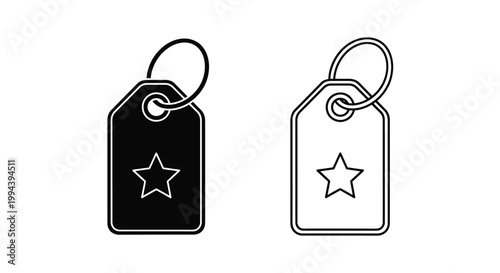 Minimalist vector graphic illustration of dual hanging sale tags featuring star symbols displayed as simple outline icons for commercial retail or digital marketing design projects