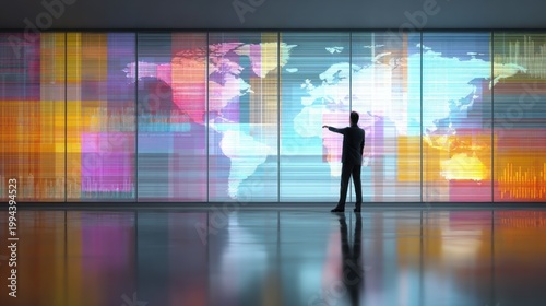 Man silhouette pointing at world map