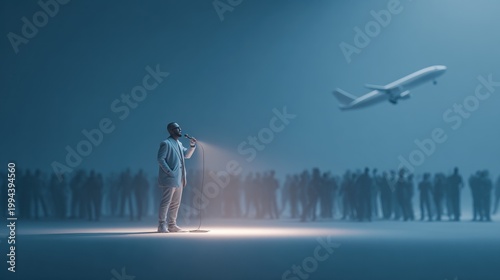 Man speaking illuminated with airplane