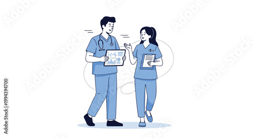 Medical professionals, doctors, or nurses in blue scrubs, healthcare workers, vector illustrations
