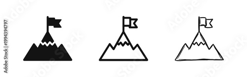 Flag on Mountain Peak Icons Representing Success and Achievement