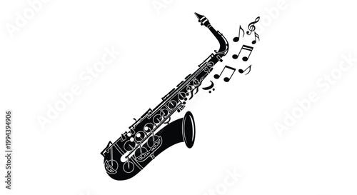 Elegant black and white saxophone vector graphic illustration featuring flowing musical notes representing a sophisticated jazz performance design for creative posters or artistic media project usage