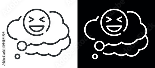 Smiling face with squinting eyes inside thought bubble: emoticon illustration