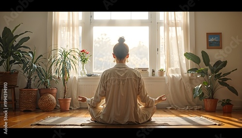 Serene Woman Practicing Meditation in Lotus Pose in Sunny Minimalist Living Room with Plants