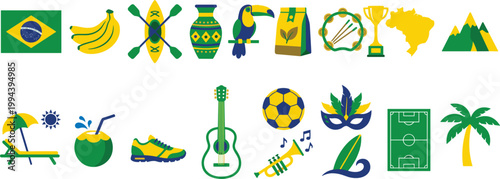 Brazil travel and lifestyle icon set featuring tropical leisure, music, sports culture and iconic national elements in flat style
