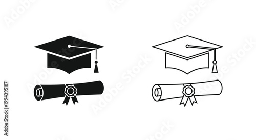 Professional vector graphic illustration featuring a black graduation cap and a rolled university diploma scroll set for academic ceremony branding and educational web site design projects