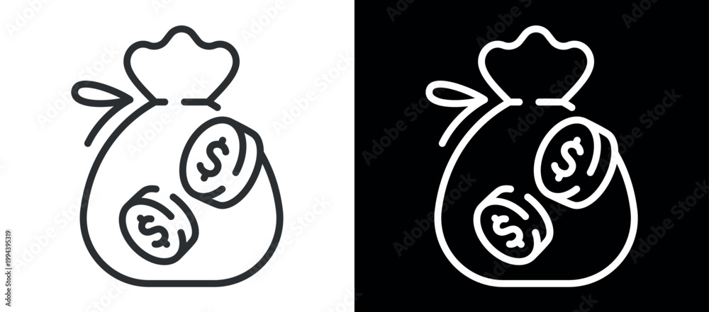 Fototapeta premium Outline of money bag with dollar coins