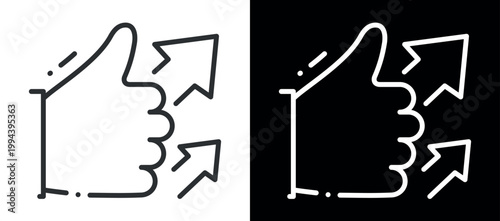 Simple black and white thumbs up icon with arrows for positive feedback