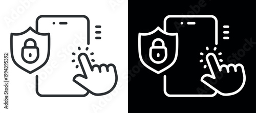 Mobile security icon with finger touch and lock shield symbol