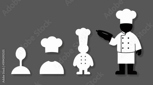 Evolution of a chef icon, from simple shape to detailed character, vector illustration set