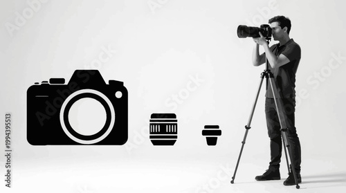 Photographer with camera on tripod and lens icons