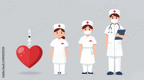Medical staff illustration featuring nurses and a doctor in white uniforms with a red heart and syringe, representing healthcare, medicine, and vaccination services in a flat vector style