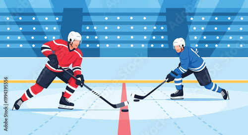 Two ice hockey players face off on a rink illuminated by bright stadium lights and focused beams