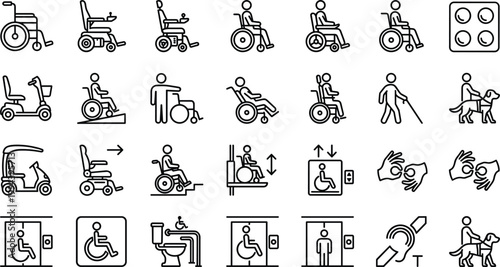 Disability accessibility and wheelchair icon set featuring mobility aids, assistive devices, inclusive design and support services symbols