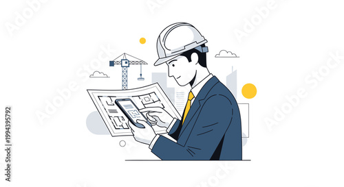 Engineer, businessman in hard hat, blueprint, construction icons, industrial design, architecture